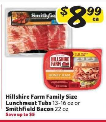 Hillshire Farm Family Size Lunchmeat Tubs or Smithfield Bacon
