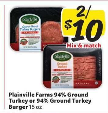 Plainville Farms 94% Ground Turkey or 94% Ground Turkey Burger