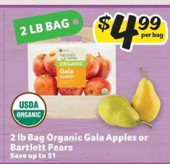 2 lb Bag Organic Gala Apples or Bartlett Pears