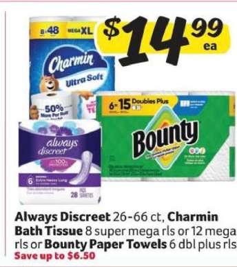 Always Discreet, Charmin Bath Tissue, Bounty Paper Towels