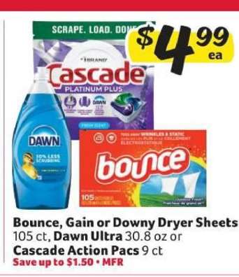 Bounce, Gain or Downy Dryer Sheets, Dawn Ultra, Cascade Action Pacs
