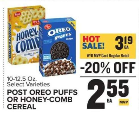 POST OREO PUFFS OR HONEY-COMB CEREAL