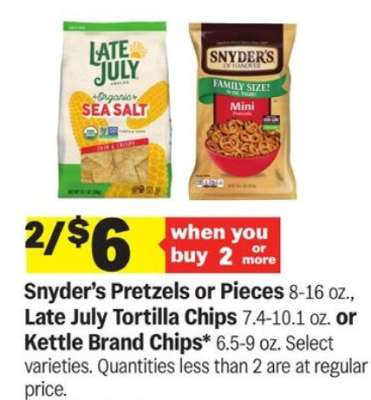 Snyder’s Pretzels or Pieces, Late July Tortilla Chips, or Kettle Brand Chips