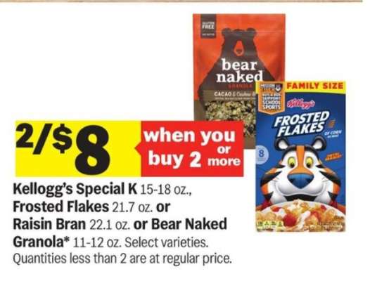 Kellogg's Special K, Frosted Flakes, Raisin Bran, Bear Naked Granola