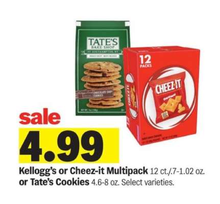 Kellogg's or Cheez-it Multipack or Tate’s Cookies