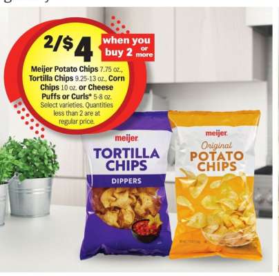 Meijer Potato Chips, Tortilla Chips, Corn Chips, Cheese Puffs or Curls