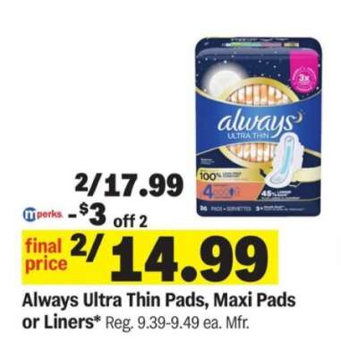 Always Ultra Thin Pads, Maxi Pads or Liners