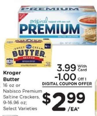 Kroger Butter or Nabisco Premium Saltine Crackers