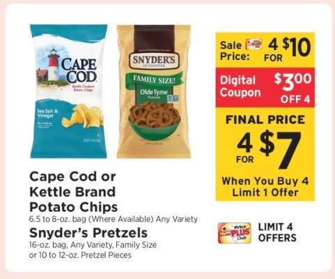 Cape Cod or Kettle Brand Potato Chips, Snyder’s Pretzels