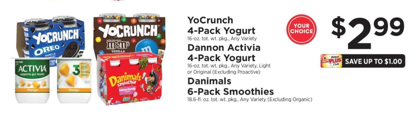 YoCrunch 4-Pack Yogurt, Dannon Activia 4-Pack Yogurt, Danimals 6-Pack Smoothies