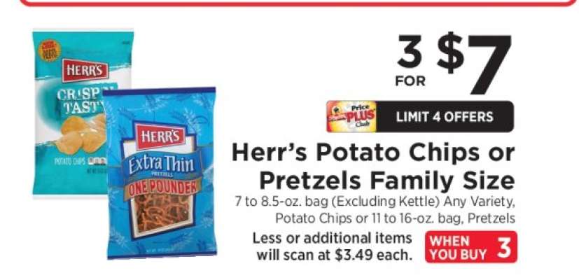 Herr's Potato Chips or Pretzels Family Size