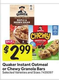 Quaker Instant Oatmeal or Chewy Granola Bars