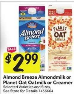 Almond Breeze Almondmilk or Planet Oat Oatmilk or Creamer