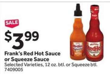 Frank's Red Hot Sauce or Squeeze Sauce