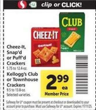 Cheez-It, Snap'd or Puff'd Crackers / Kellogg's Club or Townhouse Crackers