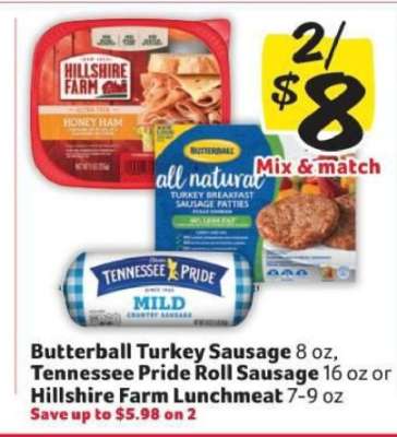 Butterball Turkey Sausage, Tennessee Pride Roll Sausage, Hillshire Farm Lunchmeat