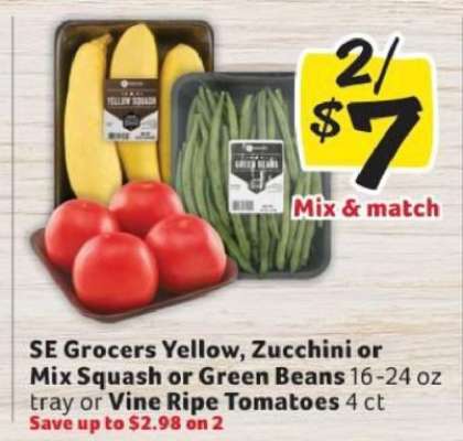 SE Grocers Yellow, Zucchini or Mix Squash or Green Beans or Vine Ripe Tomatoes