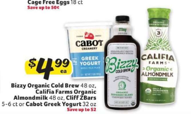 Bizzy Organic Cold Brew, Califia Farms Organic Almondmilk, Cliff ZBars, Cabot Greek Yogurt
