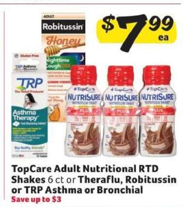 TopCare Adult Nutritional RTD Shakes 6 ct or Theraflu, Robitussin or TRP Asthma or Bronchial