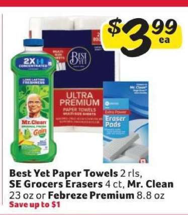 Best Yet Paper Towels, SE Grocers Erasers, Mr. Clean, Febreze Premium