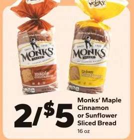 Monks' Maple Cinnamon or Sunflower Sliced Bread