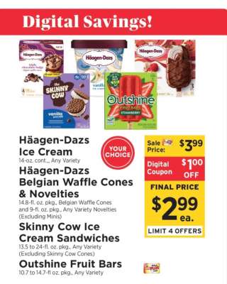 Häagen-Dazs Ice Cream, Häagen-Dazs Belgian Waffle Cones & Novelties, Skinny Cow Ice Cream Sandwiches, Outshine Fruit Bars