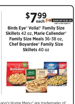Birds Eye Voila! Family Size Skillets, Marie Callender Family Size Meals, Chef Boyardee Family Size Skillets