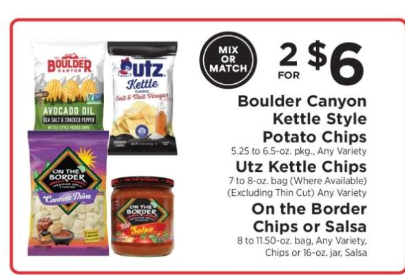Boulder Canyon Kettle Style Potato Chips, Utz Kettle Chips, On the Border Chips or Salsa
