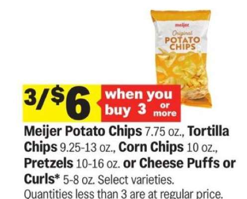 Meijer Potato Chips, Tortilla Chips, Corn Chips, Pretzels, Cheese Puffs or Curls