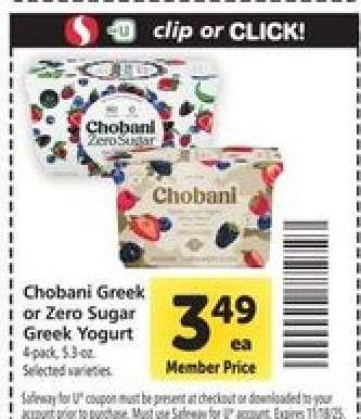 Chobani Greek or Zero Sugar Greek Yogurt