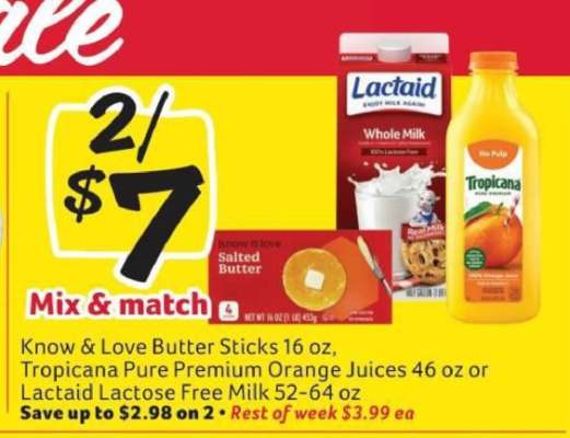 Know & Love Butter Sticks, Tropicana Pure Premium Orange Juices, Lactaid Lactose Free Milk