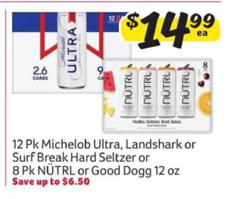 12 Pk Michelob Ultra, Landshark or Surf Break Hard Seltzer or 8 Pk NÜTRL or Good Dogg 12 oz