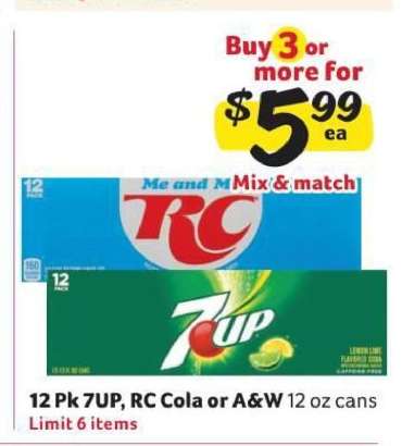 12 Pk 7UP, RC Cola or A&W