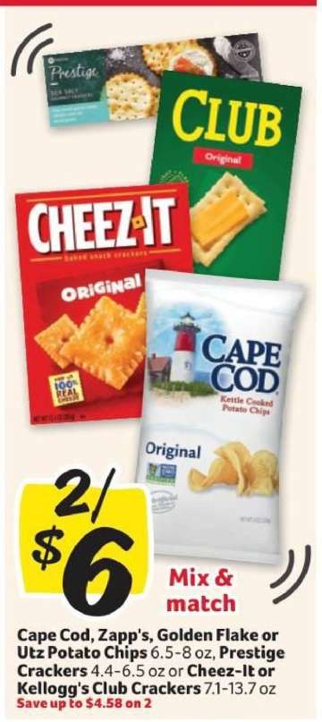 Cape Cod, Zapp's, Golden Flake or Utz Potato Chips, Prestige Crackers, Cheez-It or Kellogg’s Club Crackers