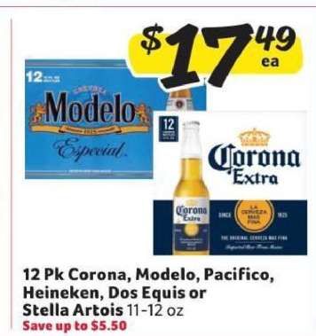 12 Pk Corona, Modelo, Pacifico, Heineken, Dos Equis or Stella Artois