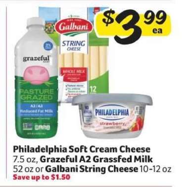 Philadelphia Soft Cream Cheese, Grazeful A2 Grassfed Milk, Galbani String Cheese