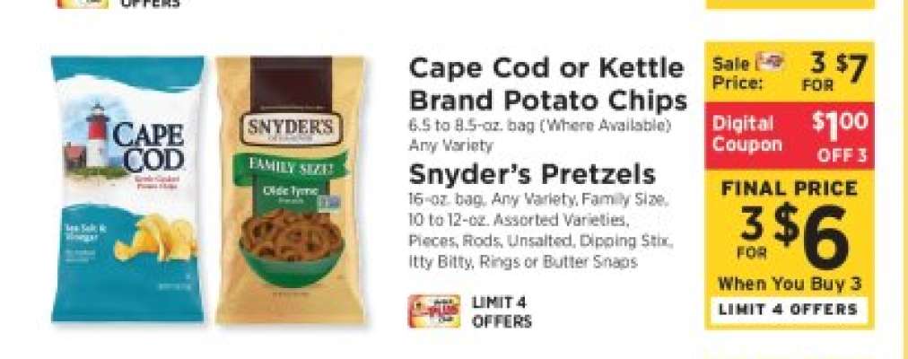 Cape Cod or Kettle Brand Potato Chips, Snyder’s Pretzels