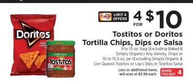 Tostitos or Doritos Tortilla Chips, Dips or Salsa