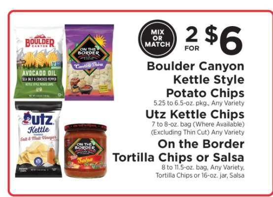 Boulder Canyon Kettle Style Potato Chips, Utz Kettle Chips, On the Border Tortilla Chips or Salsa