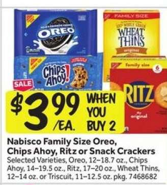 Nabisco Family Size Oreo, Chips Ahoy!, Ritz or Snack Crackers