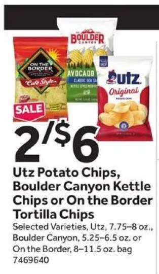 Utz Potato Chips, Boulder Canyon Kettle Chips or On the Border Tortilla Chips