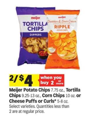 Meijer Potato Chips, Tortilla Chips, Corn Chips, Cheese Puffs or Curls