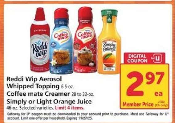 Reddi Wip Aerosol Whipped Topping, Coffee mate Creamer, Simply or Light Orange Juice