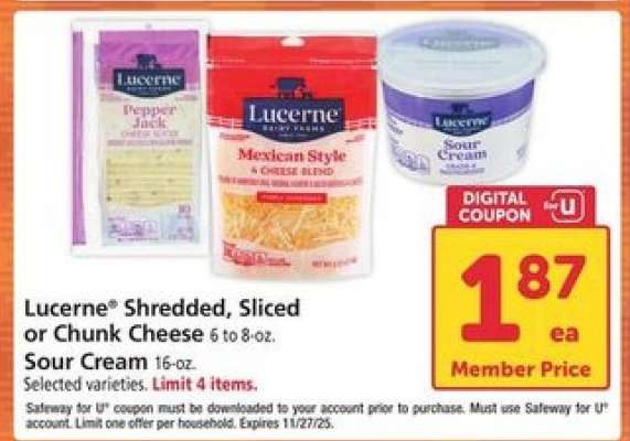 Lucerne Shredded, Sliced or Chunk Cheese, Sour Cream