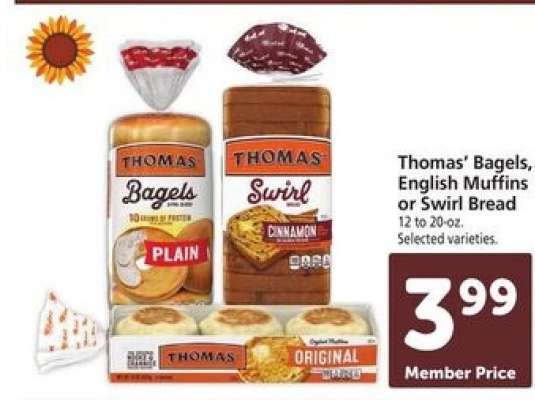Thomas’ Bagels, English Muffins or Swirl Bread