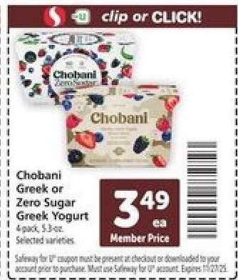 Chobani Greek or Zero Sugar Greek Yogurt
