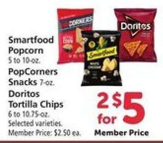 Smartfood Popcorn, PopCorners Snacks, Doritos Tortilla Chips