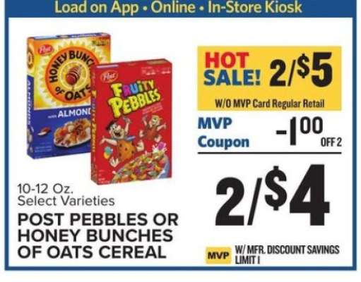 Post Pebbles or Honey Bunches of Oats Cereal