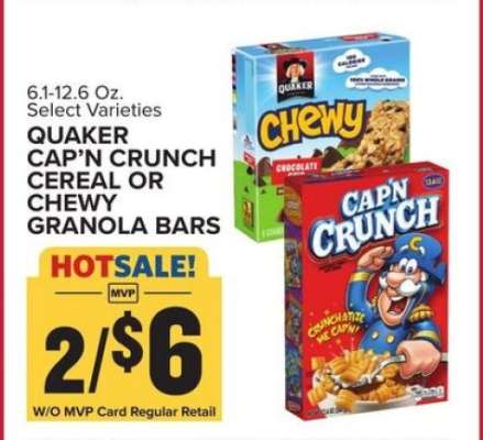 Quaker Cap'n Crunch Cereal or Chewy Granola Bars