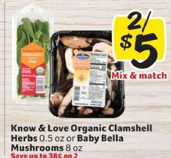 Know & Love Organic Clamshell Herbs or Baby Bella Mushrooms
